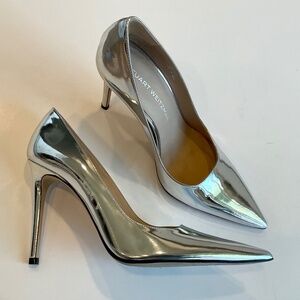 STUART WEITZMAN Stuart Power Pump 100 Silver Mirror Metallic Size 8.5
